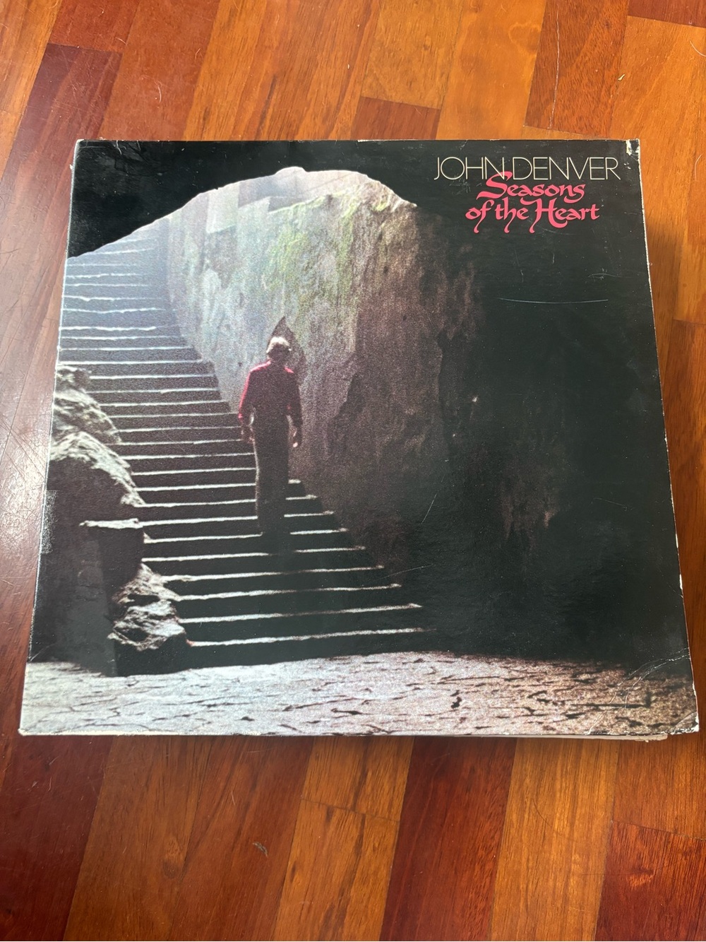 John Denver "Seasons of the Heart" Vinyl Album - Black Cover with Red Text